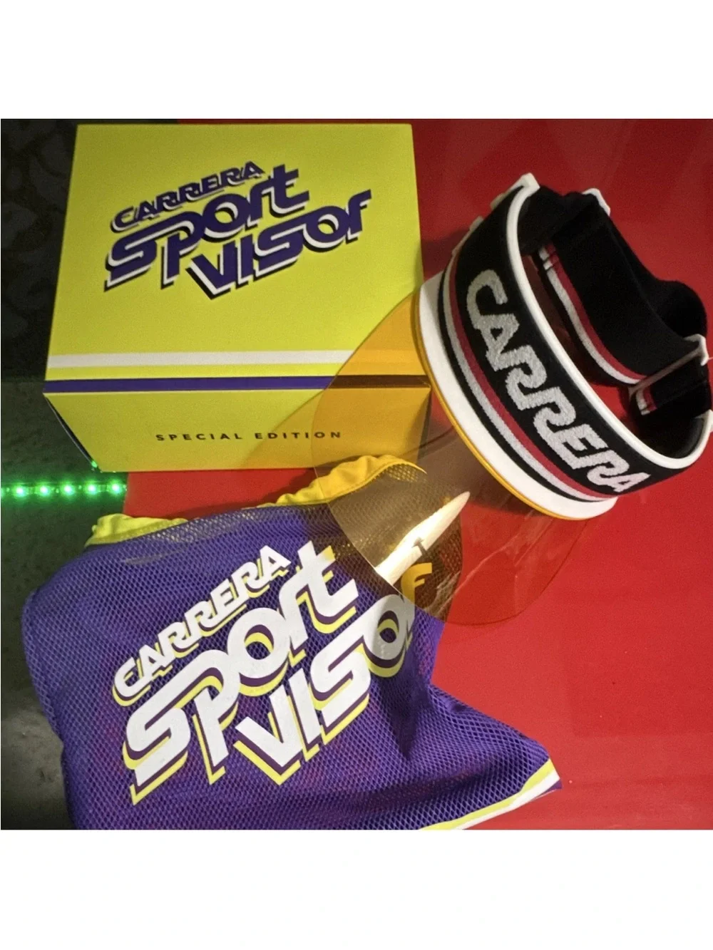 Carrera Black, White & Yellow Sport Visor with Purple Carry Pouch